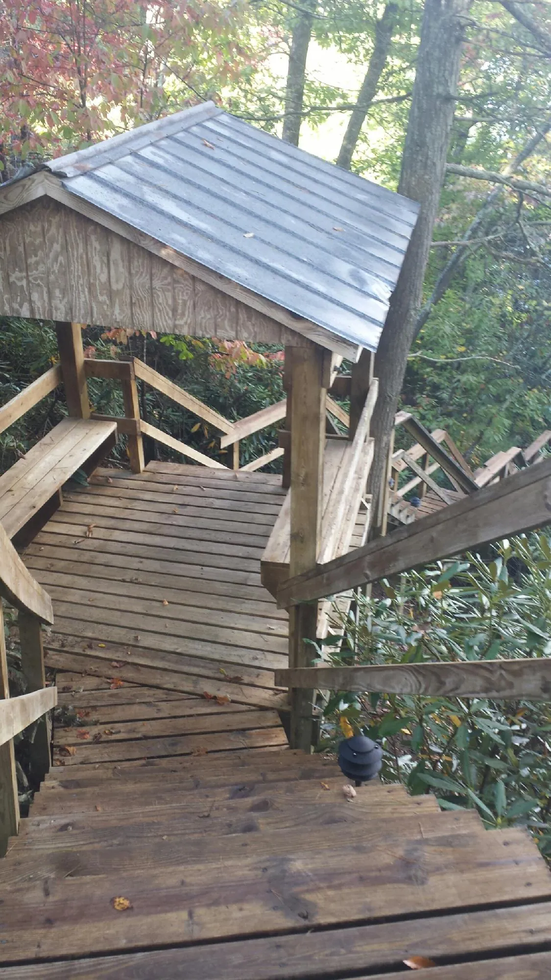 Metal roofed shelter over wooden steps on a wooded walkway — Skylight Repair & Installation work by our crew in Vonore